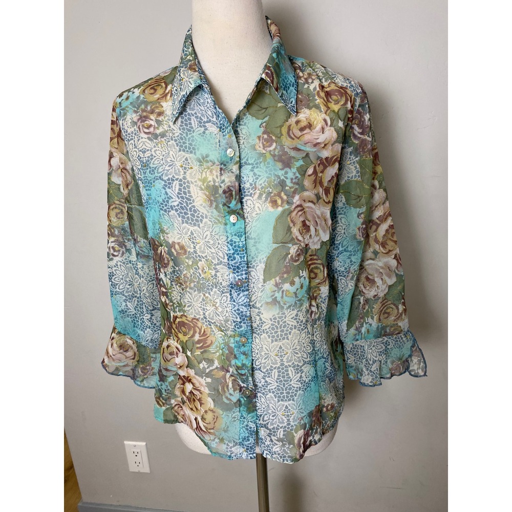 Nicola Y2K Floral Lace Print Sheer Blouse Turquoise Gold Metallic Ruffle Medium